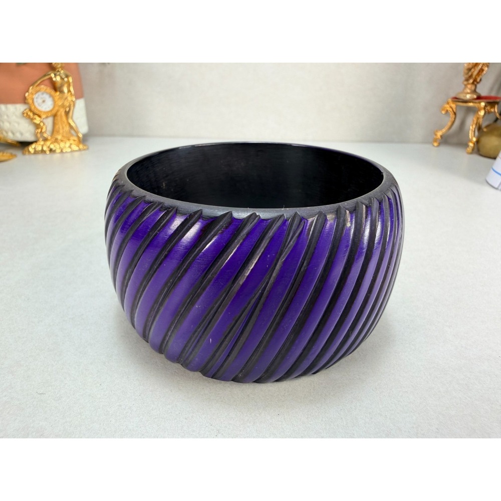 Vintage Retro Purple Black Carved Plastic Wide Bangle Bracelet Chunky Statement